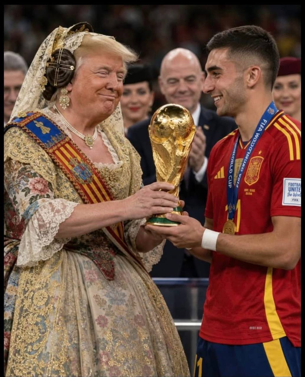 Donald Trump in traditional Fallas costume handing over the World Cup