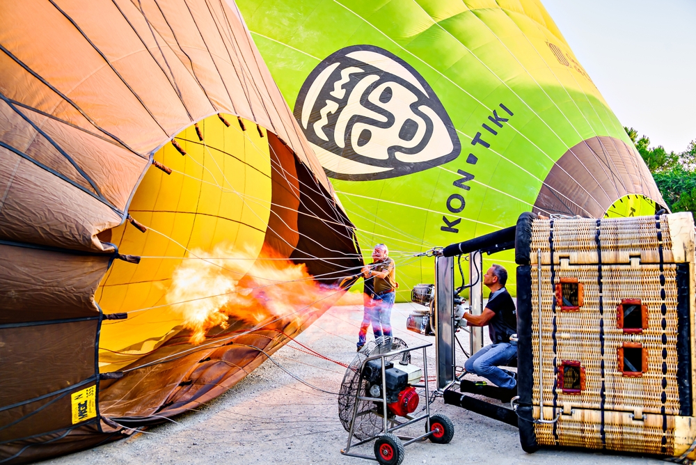 Hot air balloon floating low