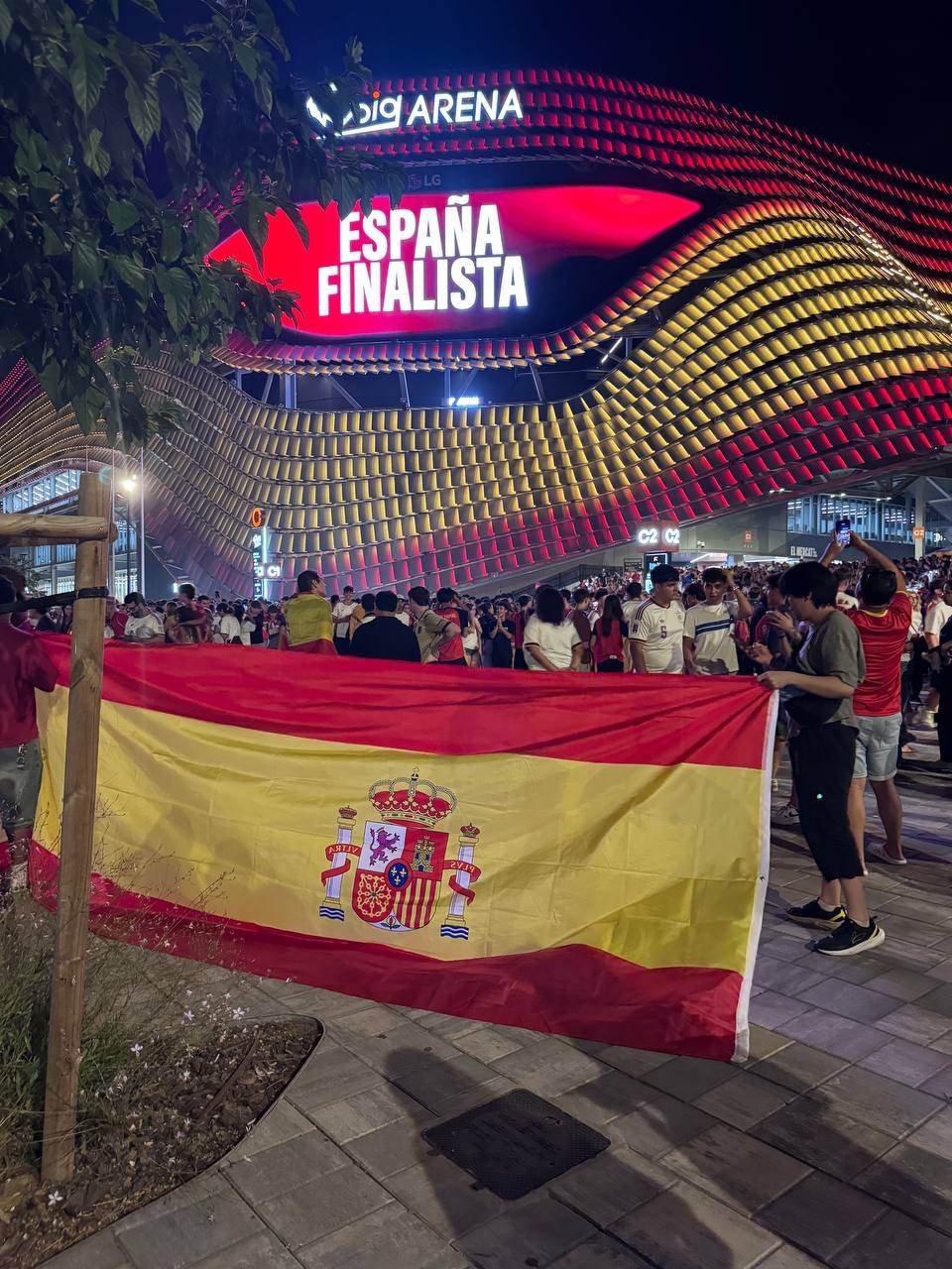 Fans celebrating Spain victory outside Roig Arena